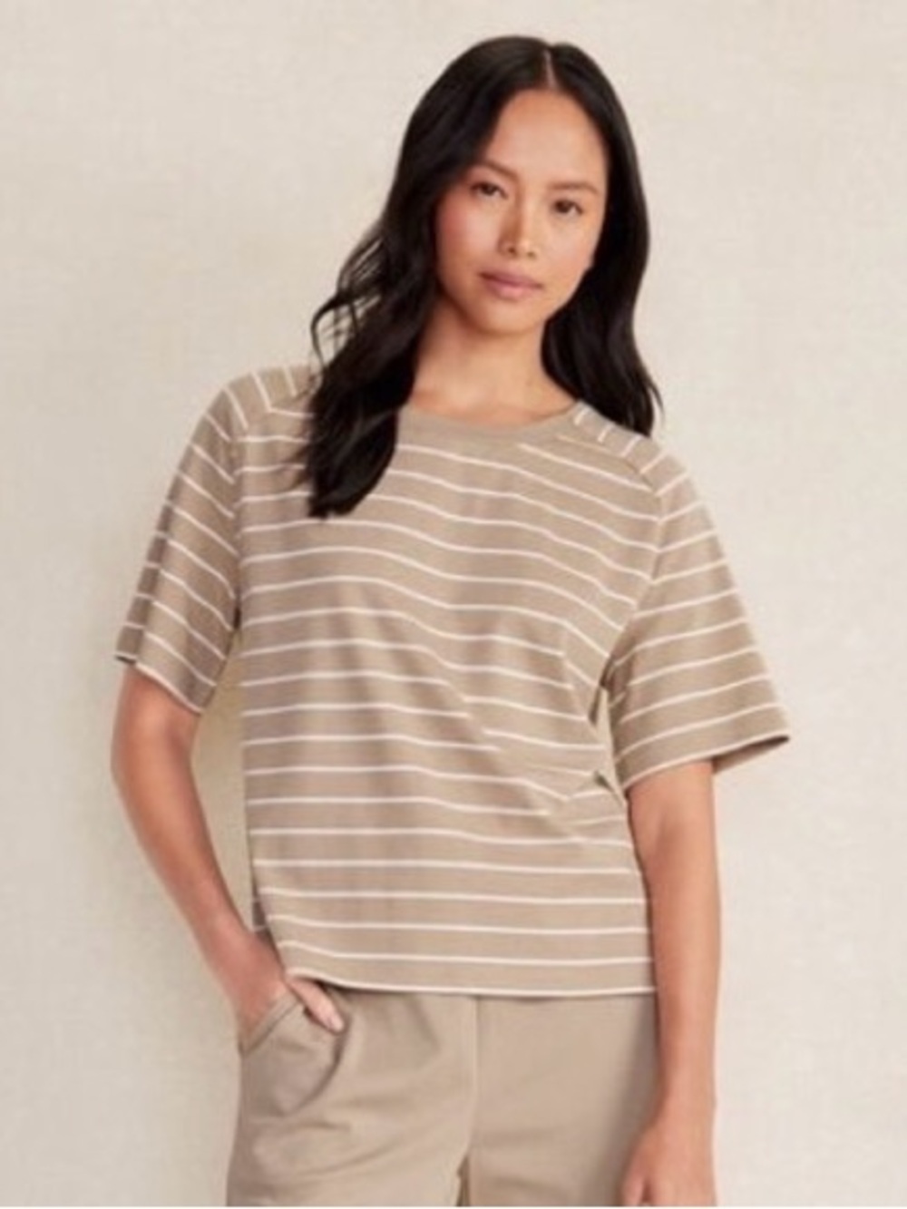 Haven Well Within Beige Tan and White Striped Short-Sleeve Cotton Tee Size Large